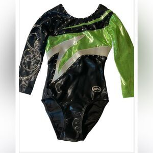 Ozone gymnastics green foil competition 3/4 sleeve custom leotard rhinestone YL